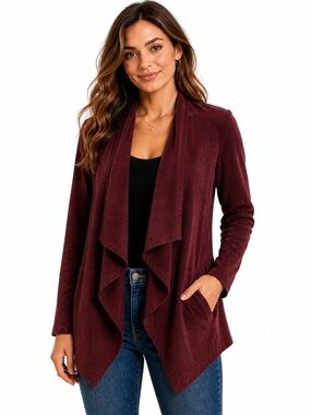 Blank NYC Burgundy Faux Suede Waterfall Draped Jacket Soft Open Front — Size M